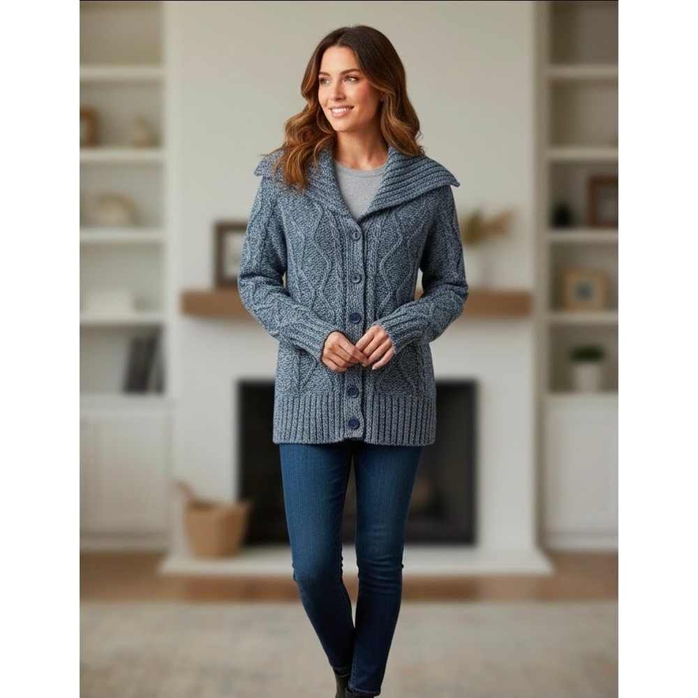 Great American Sweater Blue Cable Knit Button‎ Front Cardigan Belt Women's XL